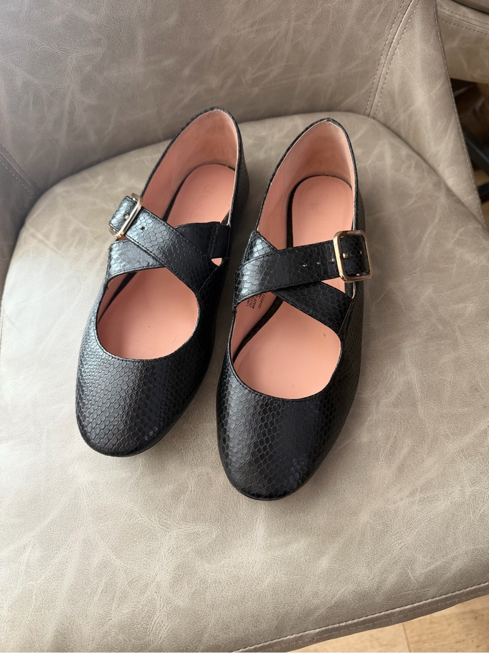 J. Crew Logan Black Textured Mary Jane Flats with Gold Buckle